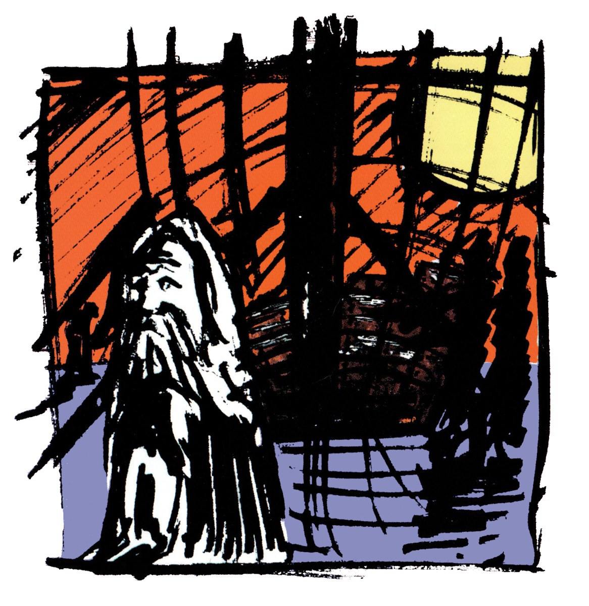 Way Before the Flood cover: an ink drawing of a bearded man before an ark under an orange sky
